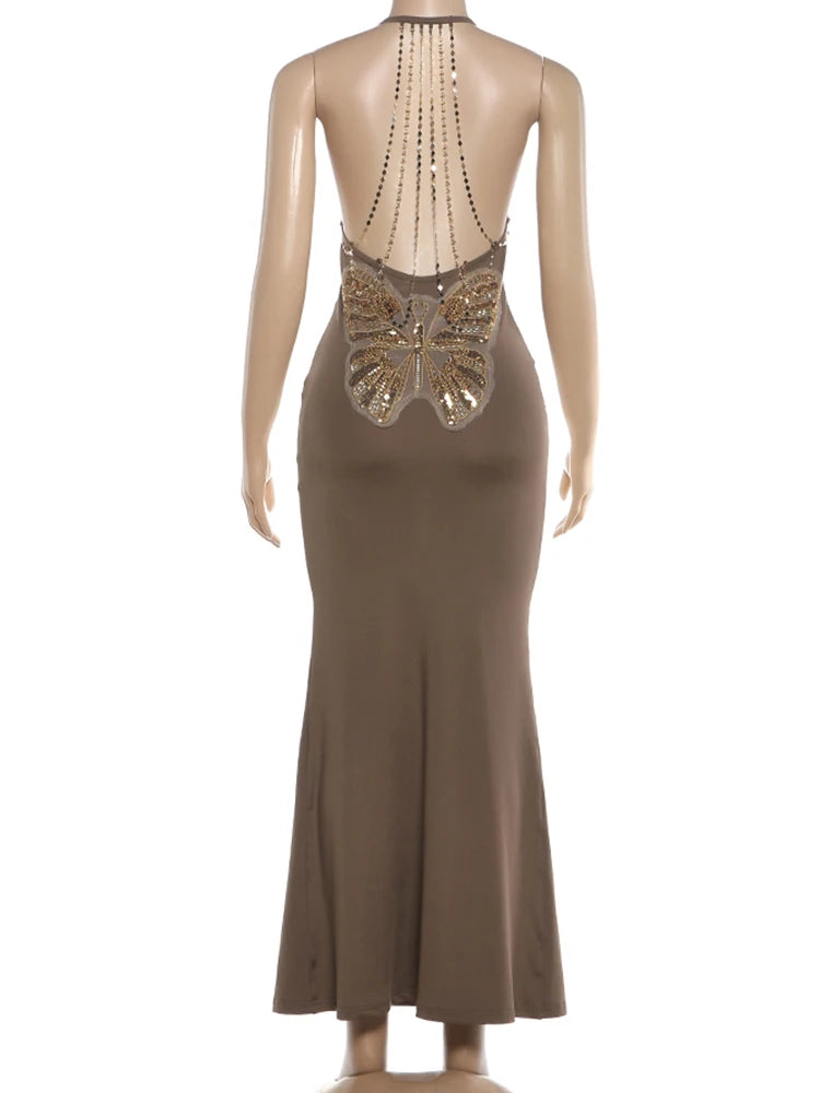 Voguable  Sequin Butterfly Maxi Dress Women Tassel Halter v-Neck Sleeveless Summer New Trend Stretch Sexy Vacation Vestidos voguable