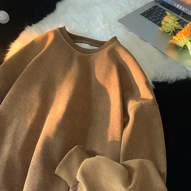 American Washed Old Pullovers Sweatshirts Men Loose Solid Color Autumn Large Size Warm O Neck Tops Hip Hop Y2k Sweatshirt voguable