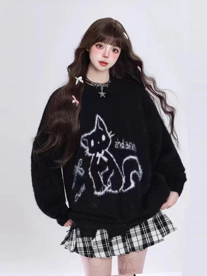 Kawaii Hole Sweet Sweaters Women Vintage Faux Mink Cashmere Cartoon Knitted Jumper Preppy Style Cute Japan Lazy Wind Tops voguable