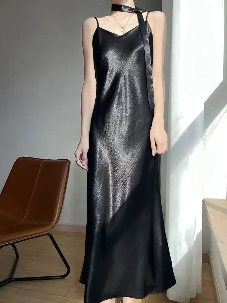 French Elegant Satin Camis Dress Women Summer Loose with Ribbon Midi Dress Female Fashion Aesthetic Party Evening Slip Dress voguable
