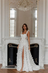 Cathy White 3D Flower Prom Dresses Lace-up Back A-line vestidos de noche Elegant Sleeveless Side High Split Formal Evening