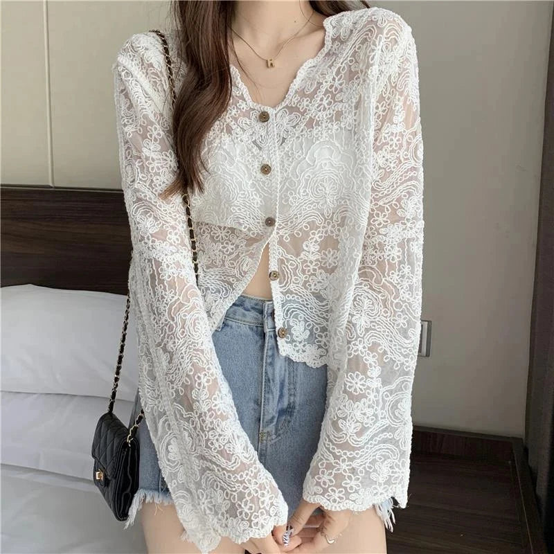 MEXZT Vintage Lace Blouse Women Sheer Long Sleeve Sunscreen Shirt Cardigan Vacation Korean Elegant Casual Sun Protection Top voguable