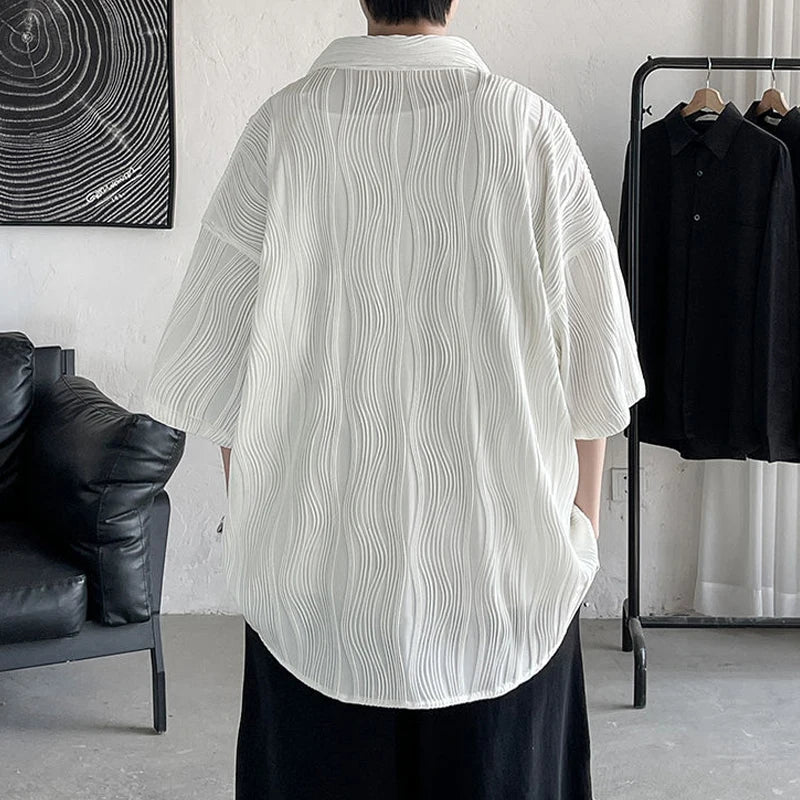 Voguable Men's Clothing Straight Tops Man Turn-down Collar Shirts Spring Summer Thin Temperament Handsome Button Pockets Short Sleeve voguable