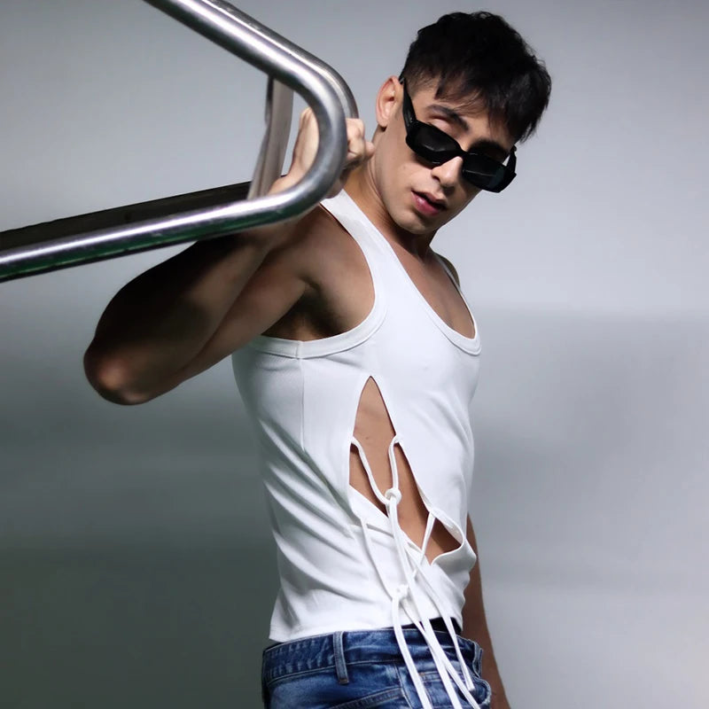Voguable 2024 Knitted Elastic Tank Tops Men's Personalized Split Lace Trendy Square Neck Original Design Sleeveless T-shirt voguable