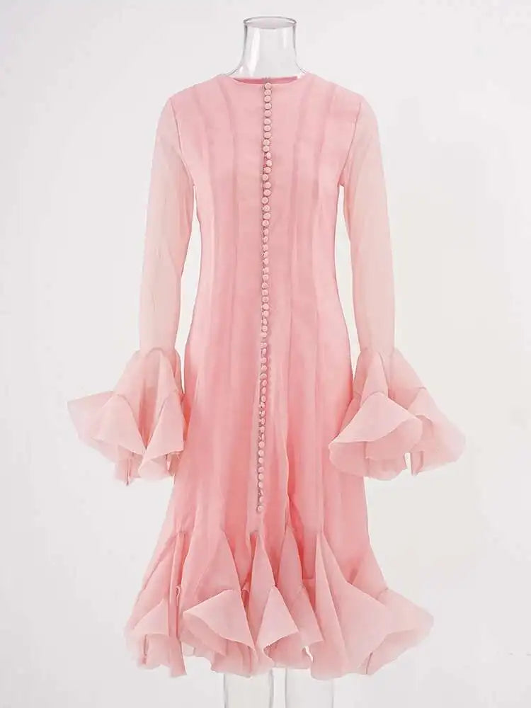 French Niche Women's Dress O Neck Button Flare Long Sleeve Spliced Ruffles Hem Solid Elegant Mini Dress 2025 New voguable