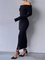 Black Knitted Off-Shoulder Long Dress mysite