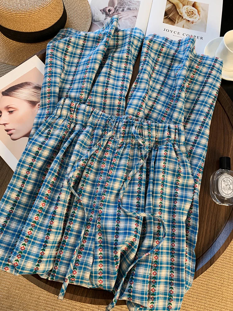 Floral Sweet Plaid Pant Women Vintage Loose High Waist Casual Straight Trousers Summer Retro Korean Female Wide Leg Pants voguable