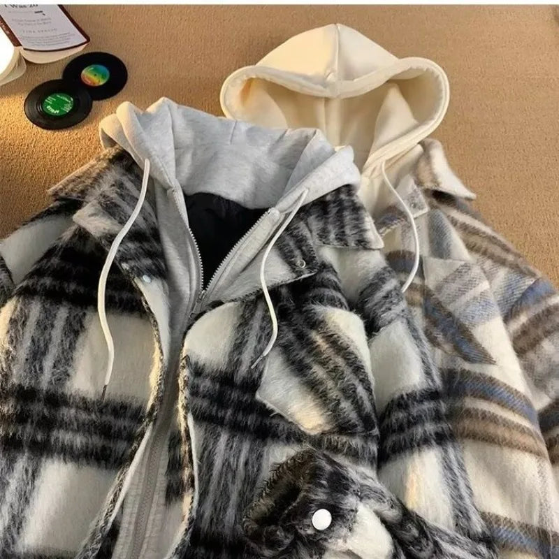 Fake Two-piece Hooded Plaid Jackets for Men and Women Winter Jacket Men 2024 New Loose Casual Zipper American Couple Coats voguable