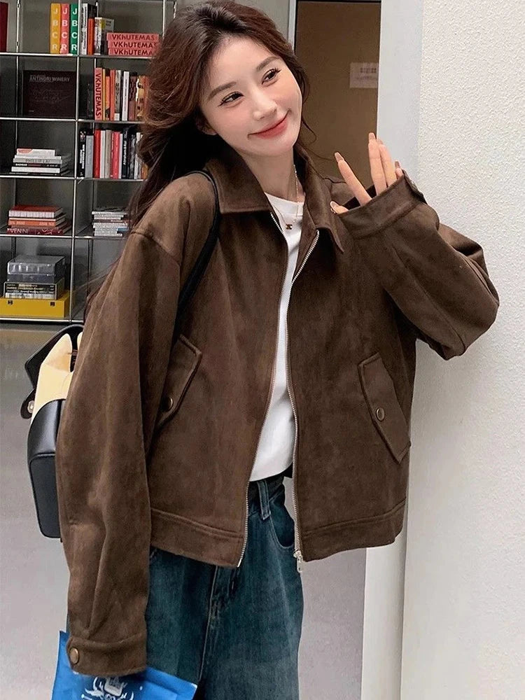American Y2K Jacket Women Vintage Loose Faux Suede Long Sleeve Casual Coat Hip Hop Fall Winter Lady Streetwear New Outwear voguable