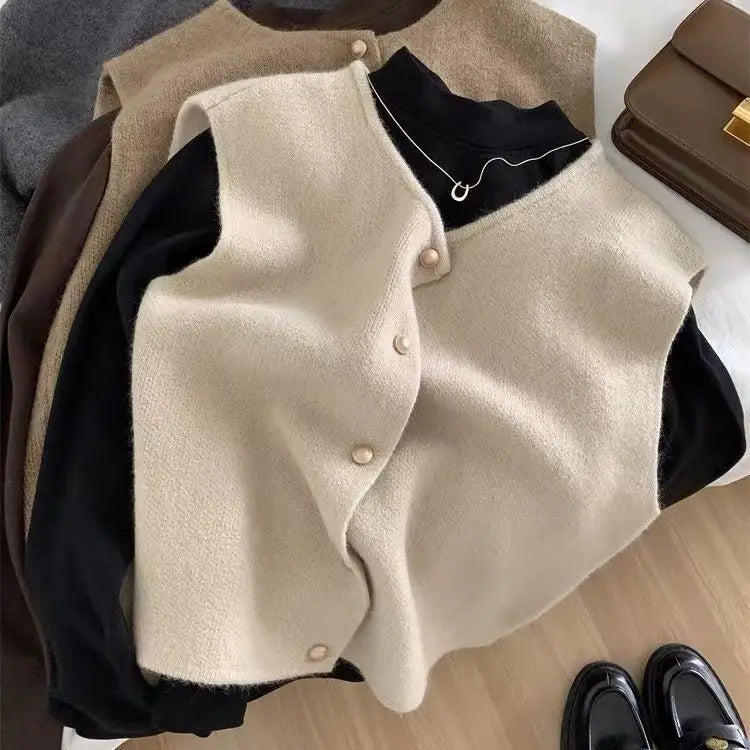Crew Neck Women's Korean Solid Button Short Sleeve Cardigan Coats Sweater Knitted Sleeveless Ladies Elegant Tanks Bottoming voguable