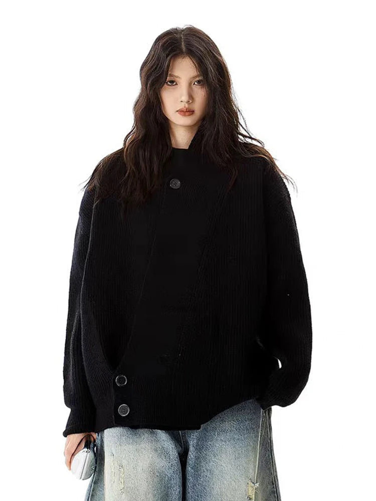 Hip Hop Y2K Gray Cardigan Sweaters Women Loose Streetwear V Neck Design Knitted Coat Casual Vintage Long Sleeve Bf Gothic Tops voguable