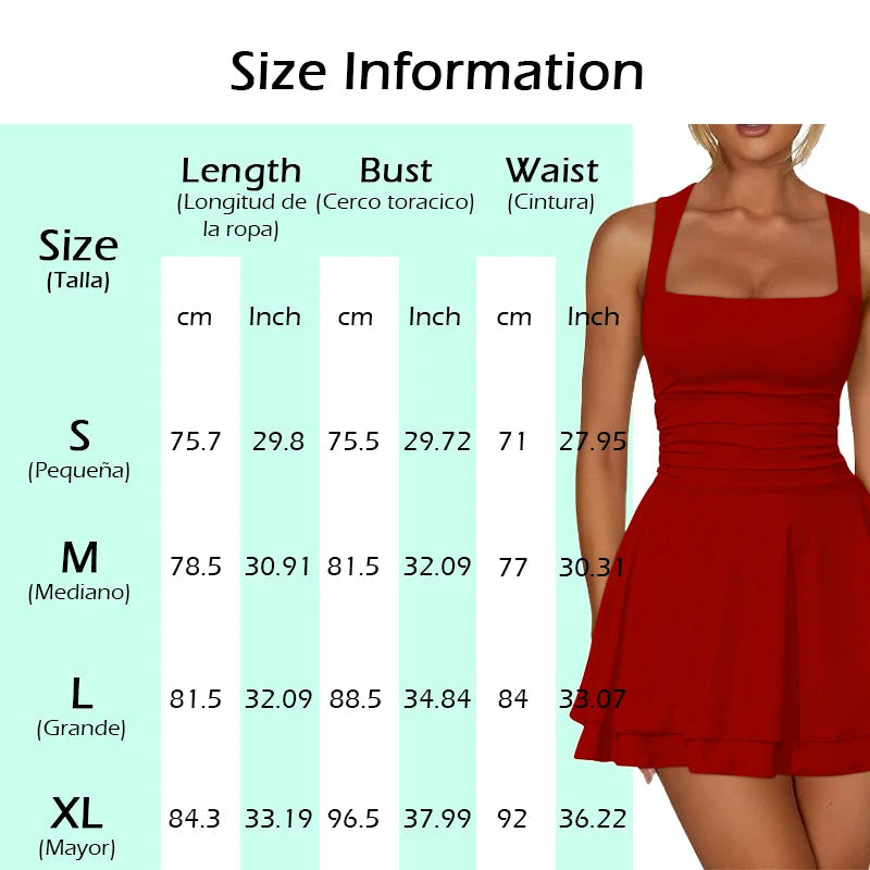 Voguable  Summer Elegant Women Sexy Sleeveless Dress High Waist Slim Short Skirt Square Neck Solid Color A-Line Dress Party Tank Dress voguable