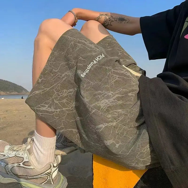 Summer Beach Casual Shorts Men Embroidered Geometric Prints Unisex Baggy Shorts Sweatpants Women Elastic Waist Couple's Shorts voguable