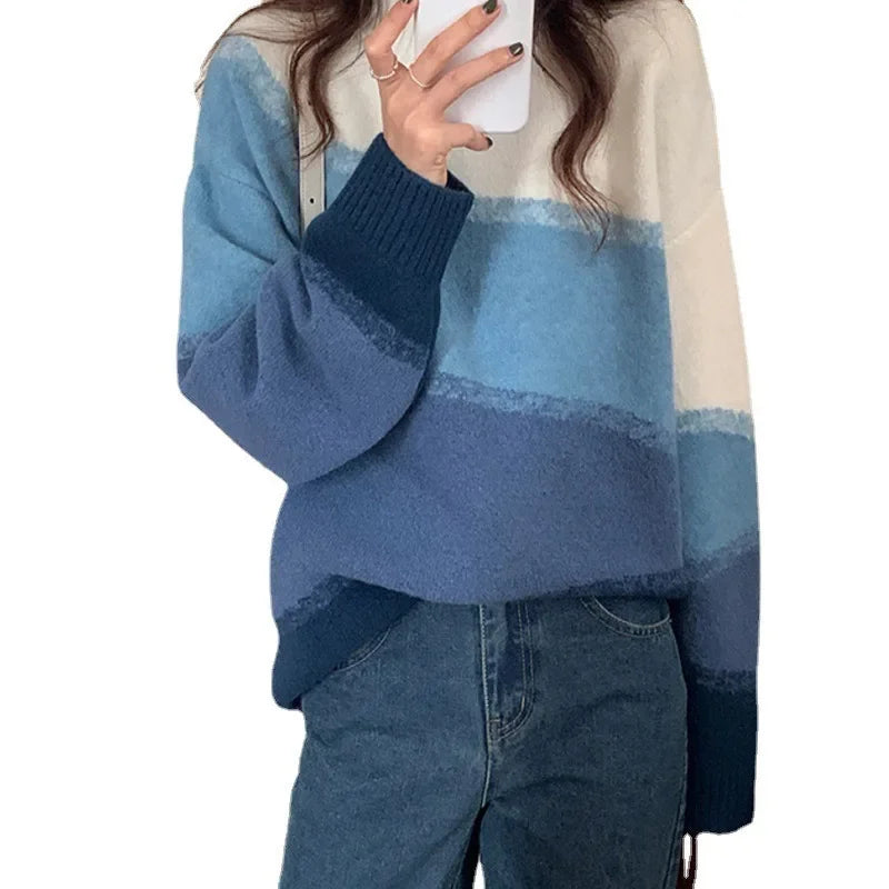 Voguable  Color Blocked Loose Casual Stand Collar Women's Mid To Long Knitted Sweater Autumn Winter New Lazy Style Soft Pullover Lady Tops voguable