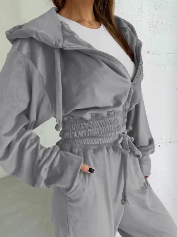 Voguable  Autumn/Winter New Women's Fashion Solid Color Hooded Casual Zipper Sports Suede Jacket Pants Set Women's Wear voguable
