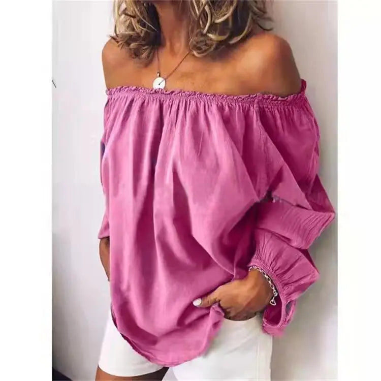 Voguable  Oversized Off Shoulder Casual Slash Neck Pleated Solid Color Long Sleeved Blouse Spring  Lightweight Loose Simple Women's Shirt voguable