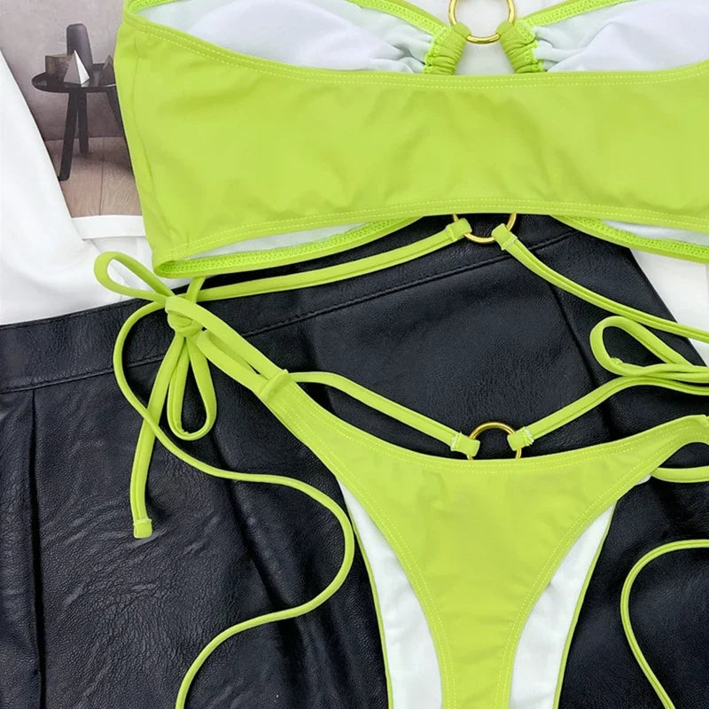 Voguable  Pleated Fabric Bikini Sexy Cross Bandage Halter Swimwear Two Piece Bikini Summer Cut Out Bathing Suit High Waist Beachwear voguable
