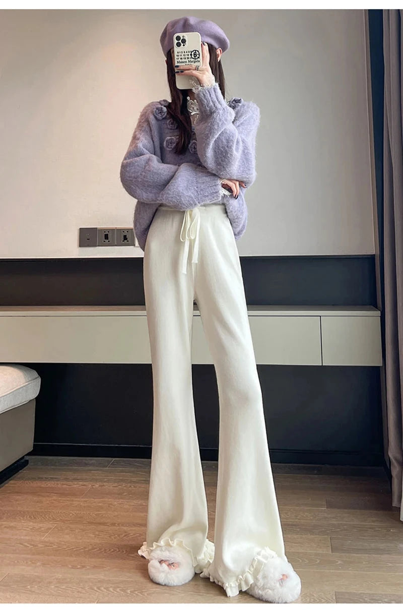 Ruffles Knitted Flare Pant Women High Waist Fashion Loose Fall Winter Trousers Korean Chic Elegant Lady Sweet Solid Pants voguable