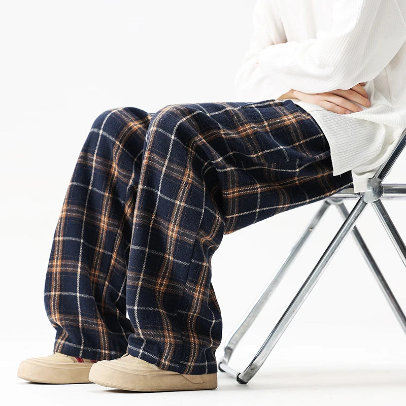 Autumn Thick Casual Pants Men Warm Retro Plaid Pants Men Streetwea Hip-hop Loose Wide Leg Pants Mens Oversized Vintage Trousers voguable
