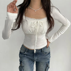 Voguable Gentle Elegant Lace Patchwork Knitted Cropped Top White Coquette Slim Long Sleeve T-shirts Fall Cute Casual Knitwear voguable