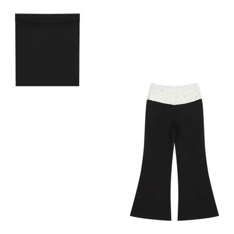 Voguable 2024 Spring New Streetwear Contrast Color Patchwork Pleated Casual Wide Leg Pants Women + Sexy Camisole Two-Piece Suit voguable