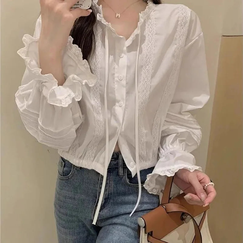 Sexy Slim Cropped White Shirt Women Sweet Lace Patchwork Flare Sleeve Blouse Fashion Fall Ruffled Neck Elegant Korean Chic Tops voguable