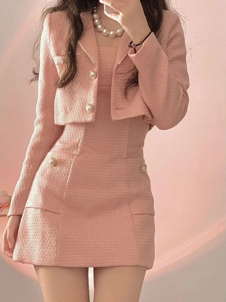 Voguable  Autumn Pink Elegant Two Piece Set Women Korean Style Balzer Coat+Strap Mini Dress Set Female Solid Casual Slim Designer Set 2024 voguable