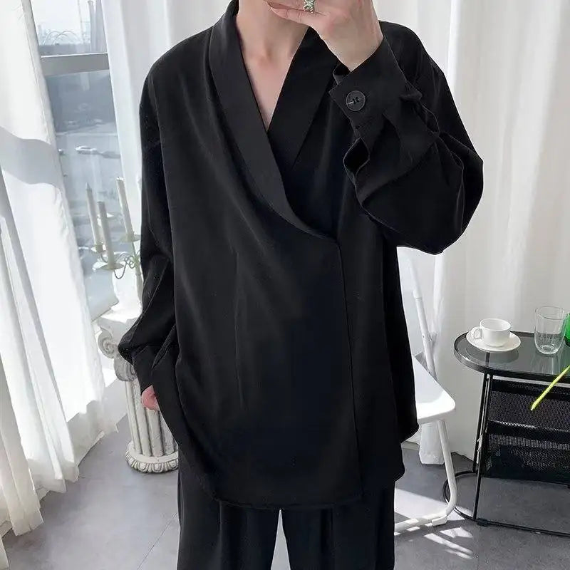 Voguable Black Long-sleeved Shirt Men Fashion Social Men Dress Shirt Korean Loose Casual Ice Silk Pullover Shirts Men Formal Shirt M-2XL voguable