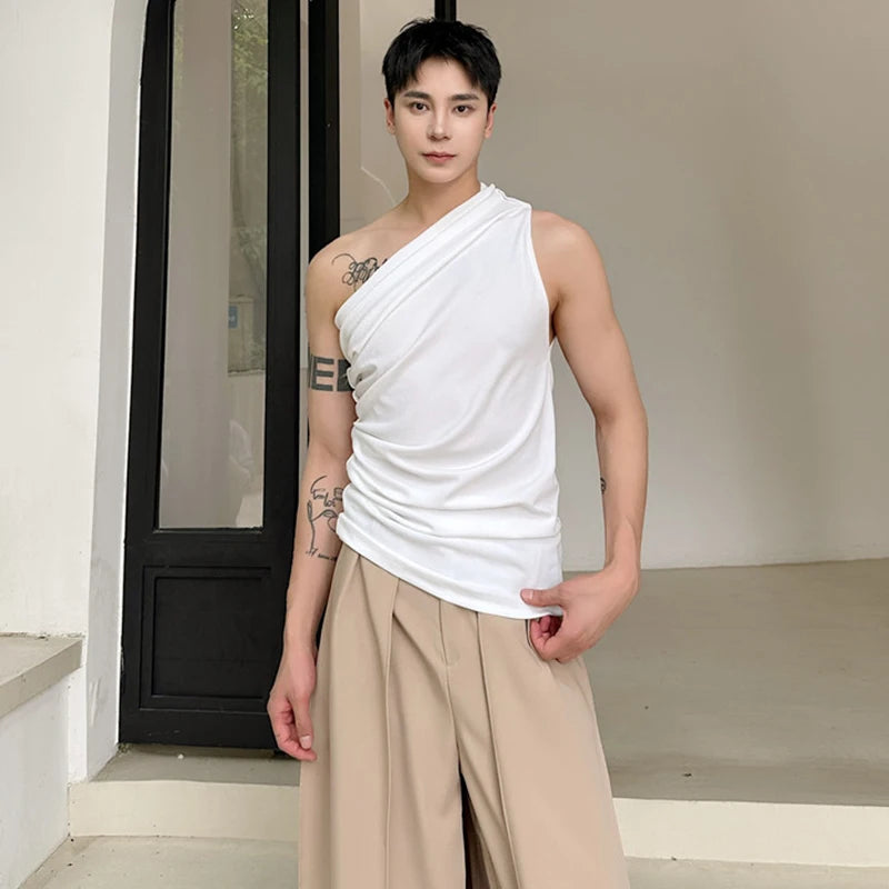 Voguable  Personalized Trendy Slant Shoulder Slim Fit Sleeveless Vests Original Plain Men's Street Tank Tops voguable