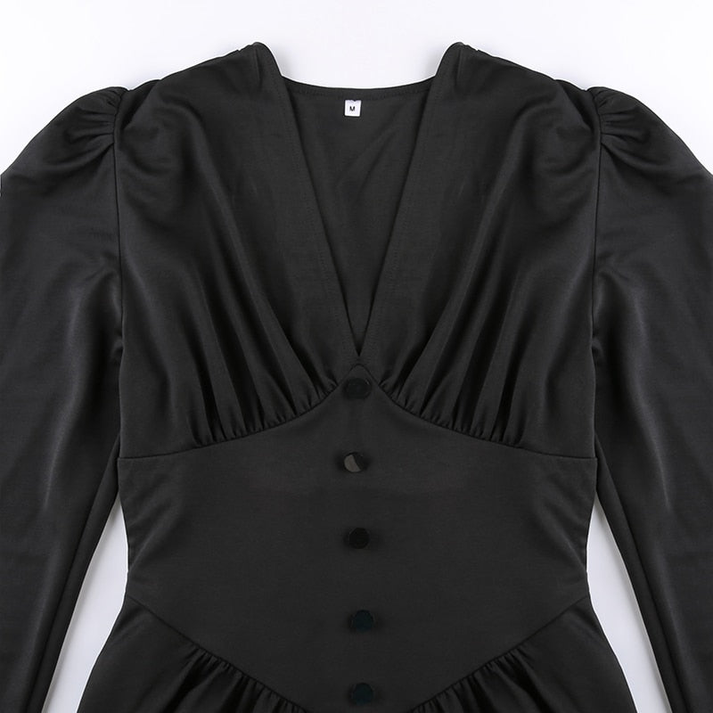 V-Neck Long Sleeve Pleated Party Dress mysite