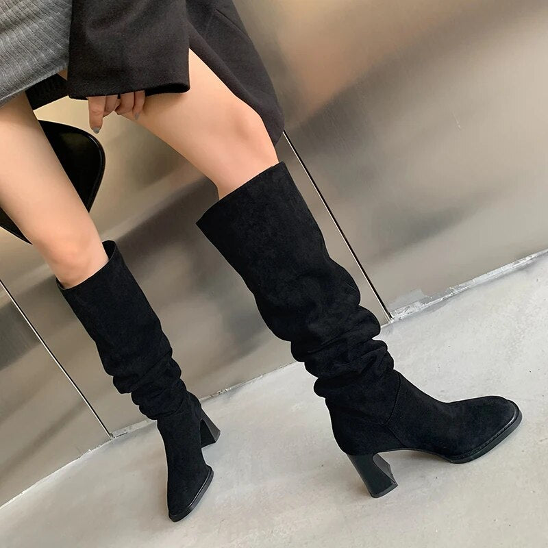 Suede Daily Botas Round Toe Autumn Winter Woman Boots Cowgirls Western Boots Woman Slip on Simple Pleated Knee-High Shoes voguable
