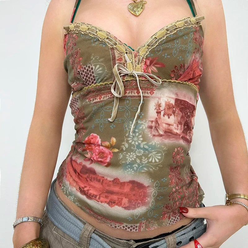 Voguable  Vintage Flower Print Cami Women Fairycore Grunge Lace Patchwork Tie-up Bow Spaghetti Straps Crop Tops Sexy Streetwear voguable