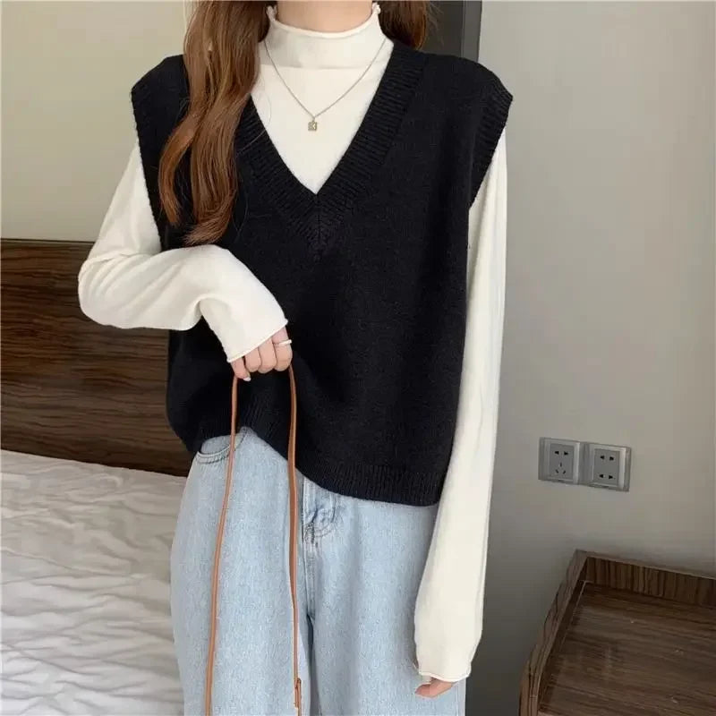Women's Sweater Yellow Vest Short Knit Tops for Woman Green Crop V-neck Korean Style Winter Thermal Blouse Tall Long Sleeve Warm voguable