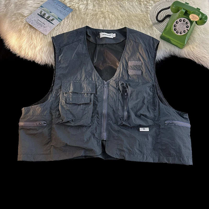 American Outdoor Multi-function Short Vest Jacket Basic Commuting Versatile Vest Cityboy Workwear Waistcoat Aesthetic Urban Chic voguable