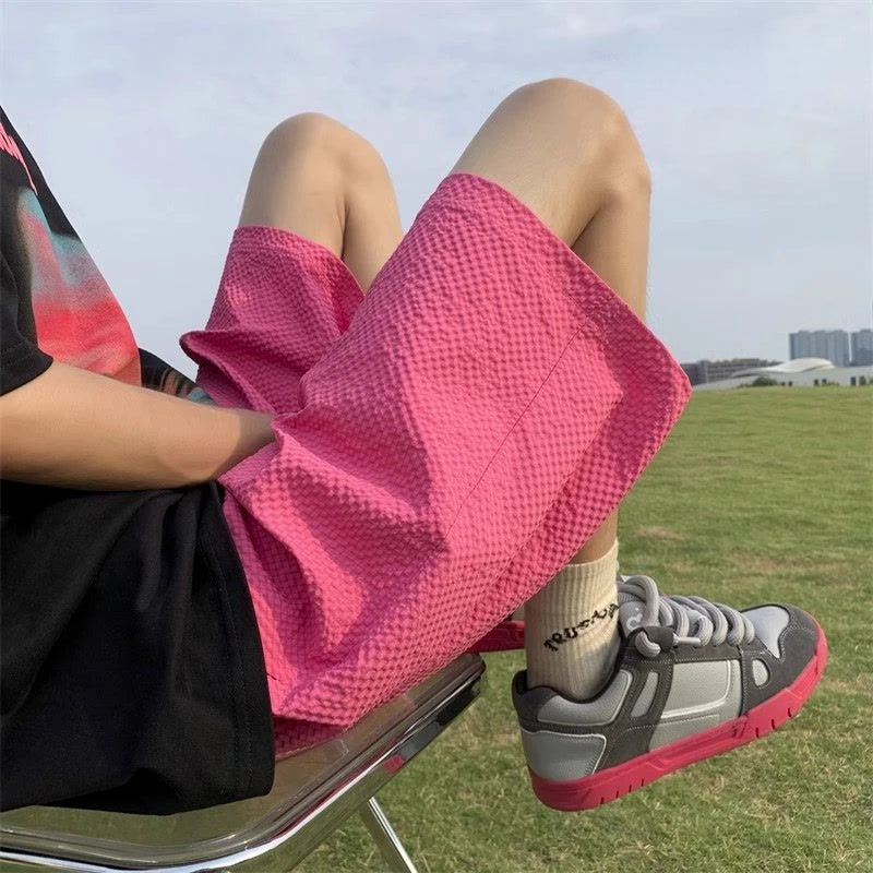 Fashion Elastic Lace Up Seersucker Thin Ice Silk Black Pink Quick-drying Breathable Shorts Casual Beach Shorts Pants Clothes voguable