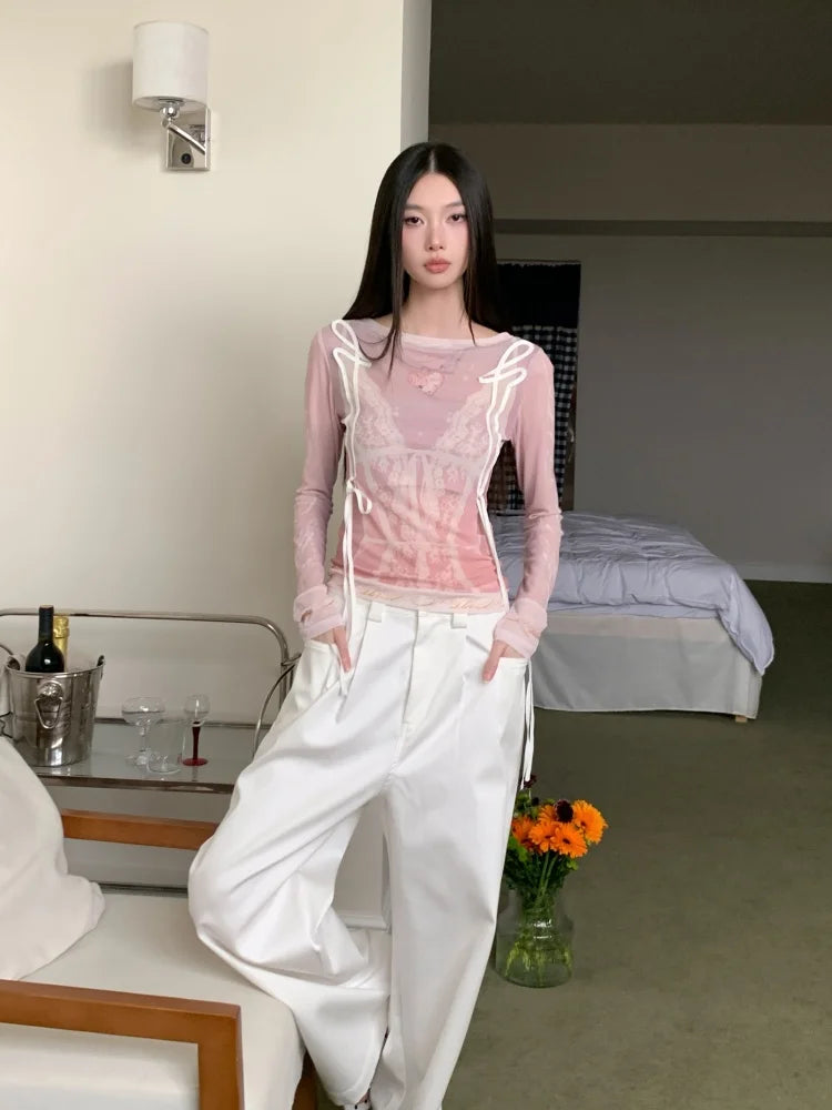 Designer Pink Long Sleeve T Shirt For Woman Fall 2025 Lace Print Funny Tees Cute Mesh Top Kawaii Clothes voguable