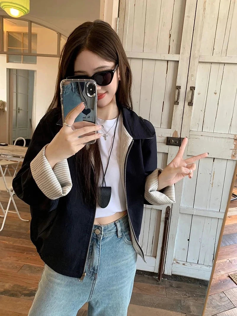 Striped Vintage Y2K Jacket Women Design Double Sided Wear Loose Streetwear Coat Casual American Fall Winter Long Sleeve Top voguable