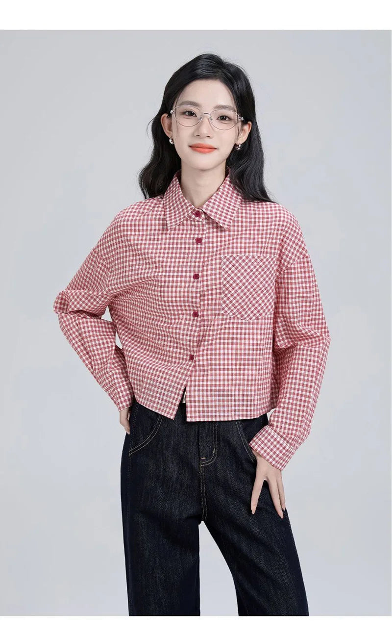 Sweet Red Plaid Shirt Women Preppy Style Vintage Long Sleeve Blouse Korean Fall Loose Female Retro Cute All Match Tops New voguable