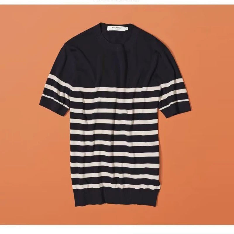 Summer Men's Clothing Light Luxury Knit O Neck Short-sleeved T Shirt Patchwork Korean Leisure Streetwear Retro Knitwear T-Shirt voguable