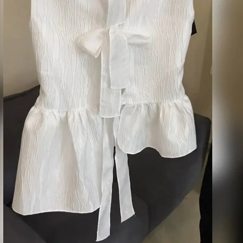 Voguable  Elegant Fashion O-neck Bow Lace Up Tank Top Summer New Ruffles Vest for Women Y2k Irregular Sleeveless Blouses voguable