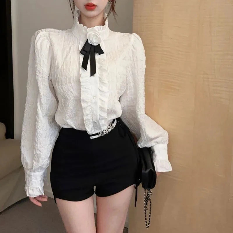 3D Floral Bow Shirt Women Elegant Long Sleeve Retro Korean White Blouse Casual Design Female Vintage Sweet Tops Spring New voguable