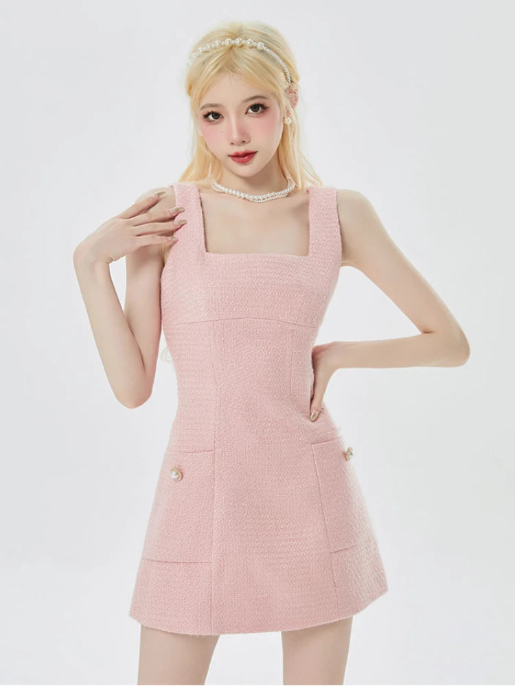 Pink Korean Style Two Piece Set Women Kawaii Sweet Party Mini Dress Set Female Long Sleeve Coat + Elegant Strap Dress Suit