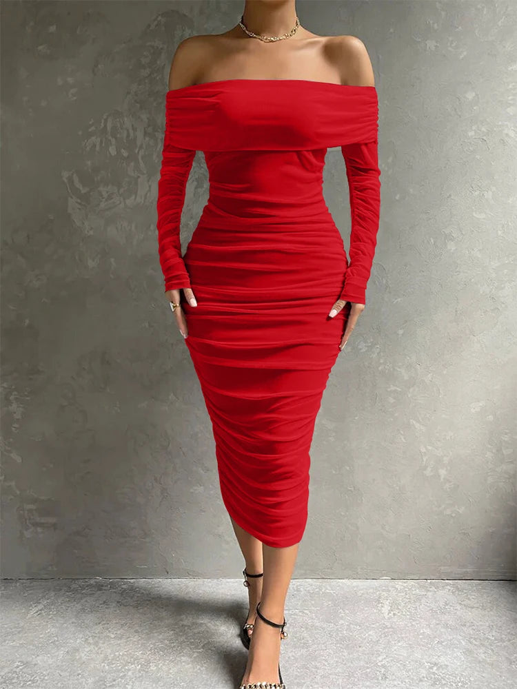 Voguable  Women's Long Sleeve Off-Shoulder Sexy Dress Solid Color Pleated Midi Slim Dress for Cocktail Party and Evening Wear voguable