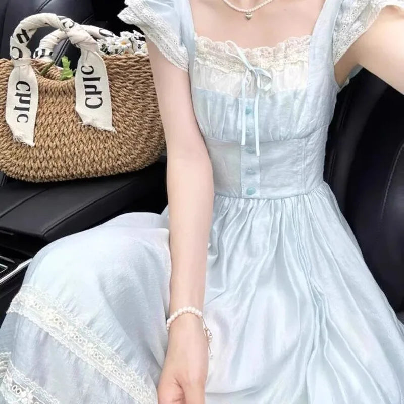 Voguable  Summer Sweet Fly Sleeve Blue Bownot Fairy Dress Slim French Style Patchwork Lace Dress A-line Women Casual Dress voguable