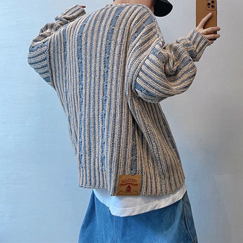 Voguable  Fashionable Striped Knitting Sweaters Men Autumn Streetwear Y2K Loose O Neck Long Sleeve Knit T-shirts Mens Vintage Sweater Tops voguable