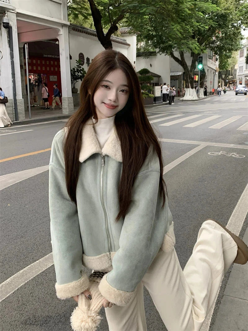 Faux Suede Lamb Jackets Women Winter Warm Thick Sweet Cute Short Coat Korean Vintage Loose Long Sleeve Preppy Style Tops voguable