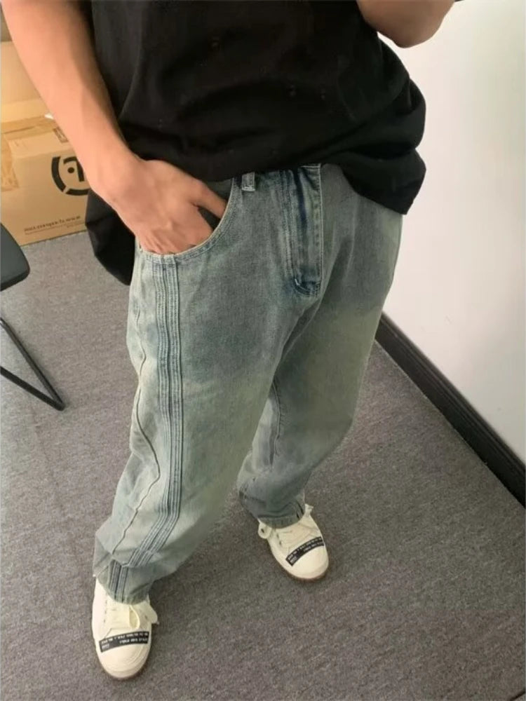 Blue Jeans for Men Washed Simple Fashion Vintage Straight Trousers High Street Personality Handsome Ulzzang Pantalones Hombre voguable