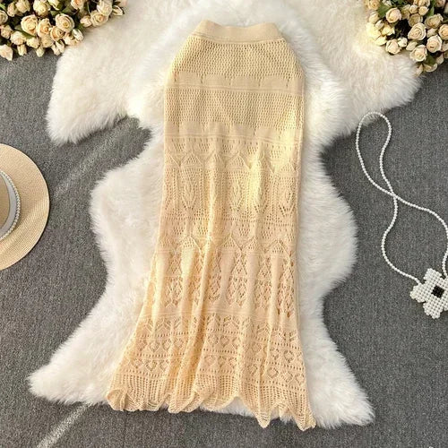 Voguable Boho Retro Holiday Long Skirts Women Y2k Crochet Hollow Out Female Trumpet Skirt Ladies Elegant Summer Sexy Skirt voguable