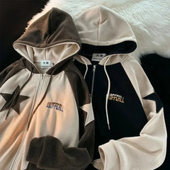 Voguable Y2K Harajuku Style New Fashion Star Patch Zipper Hooded Women Streetwear Popular Casual Joker Sweatshirt Unisex Stitching Tops voguable