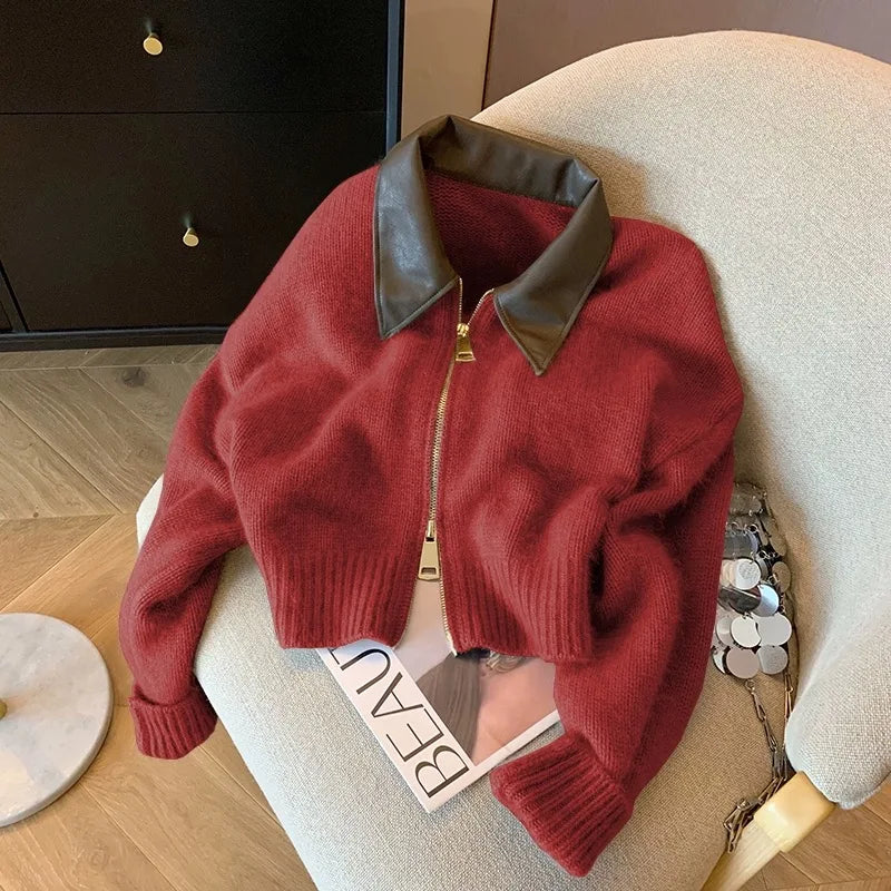 Spliced Leather Collar Knit Sweater Fashion Double Zipper Cardigan Women's Autumn/Winter New Soft Vintage Long Sleeve Streetwear voguable